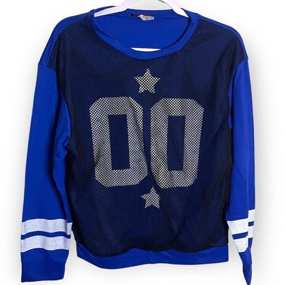 Blush Womens Blue Long Sleeve Sweater Top Medium Jersey Mesh Striped Color Block - Picture 4 of 7